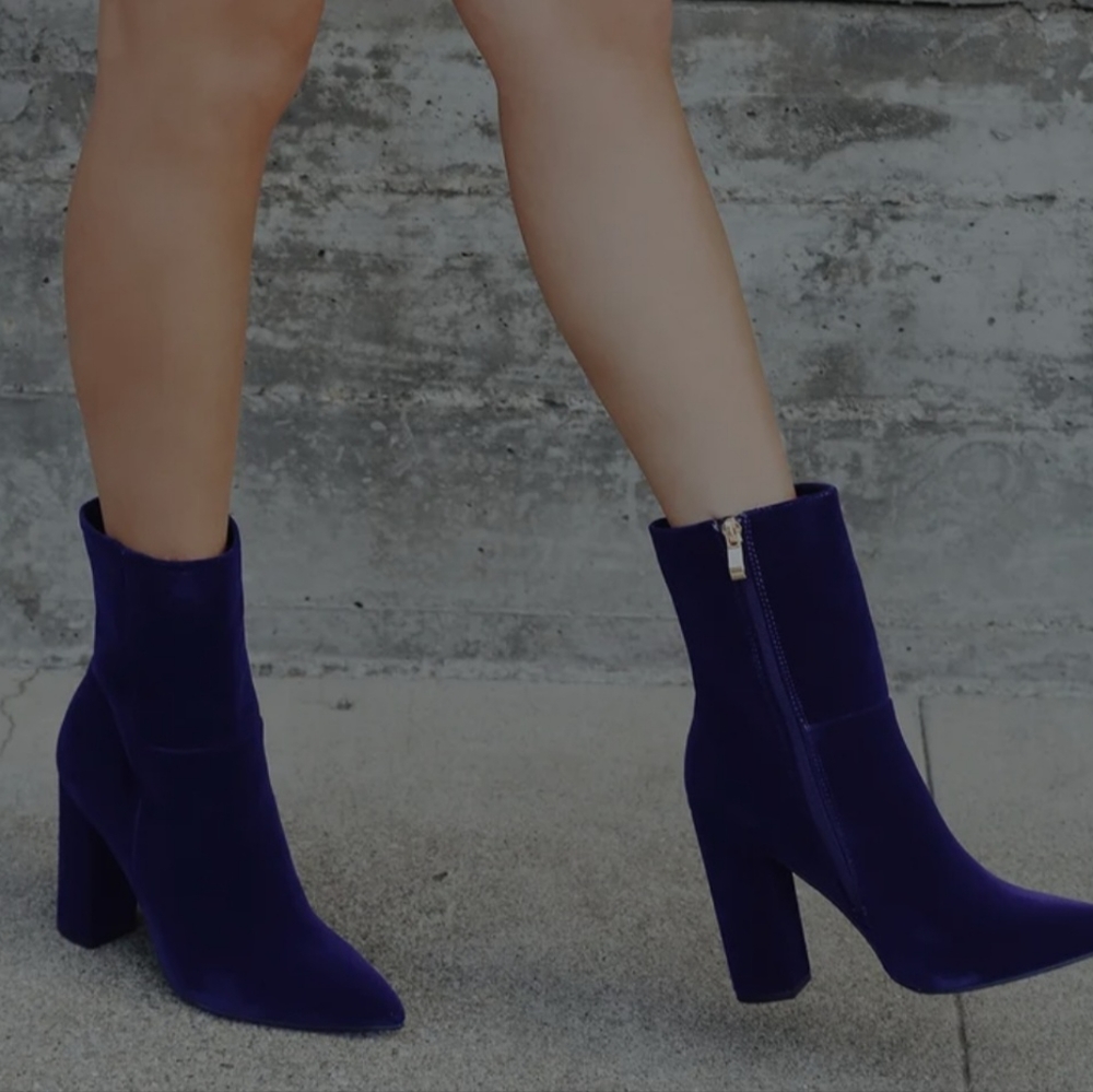 Blue Velvet Pointed Toe Mid Calf Boots